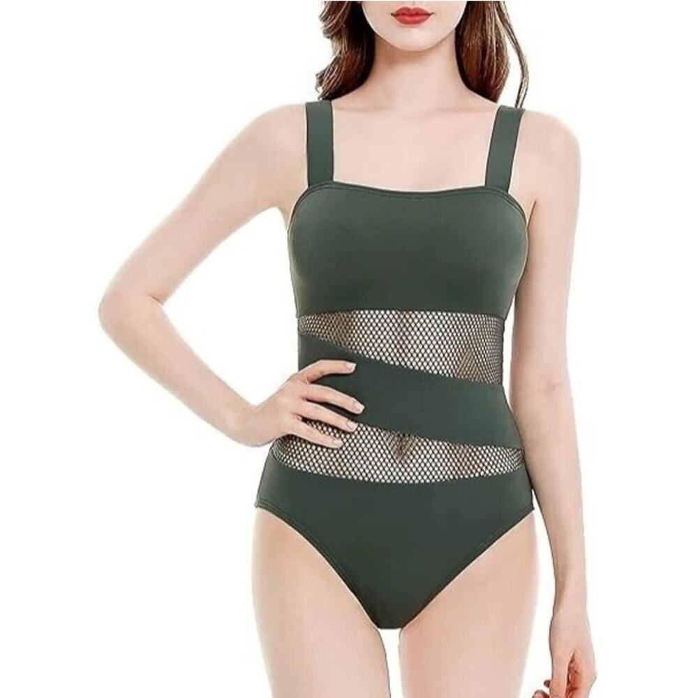 Carmen Marc Valvo Green Mesh Panel One Piece Swimsuit Size 12 Resort Wear NWOT‎